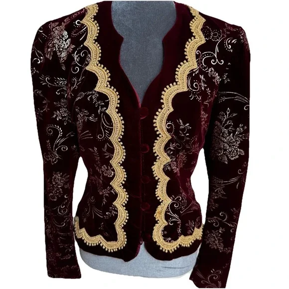 Vtg 80s J McClintock Blazer Burgundy Gold Velvet Victorian Regencycore Boho - Picture 2 of 16